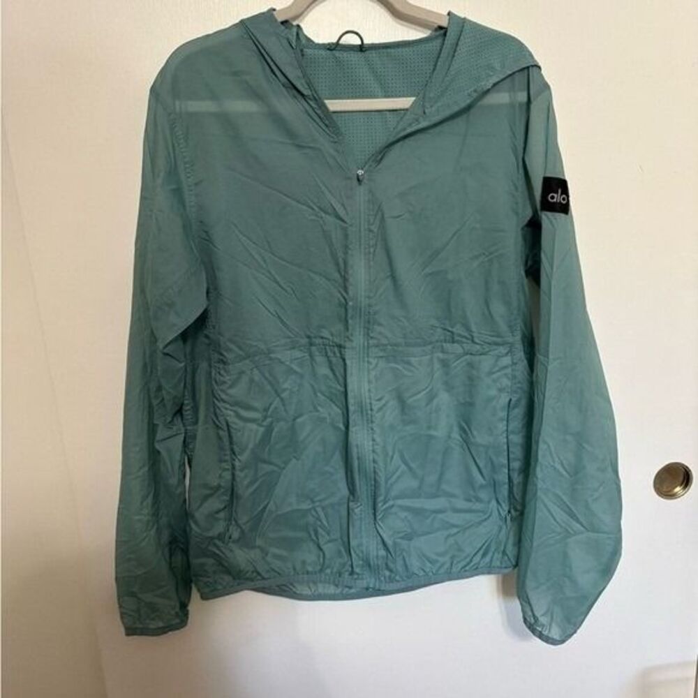 Alo Yoga Teal Blue Green Lightweight Hooded Windbreaker Full Zip Jacket L - Picture 4 of 9